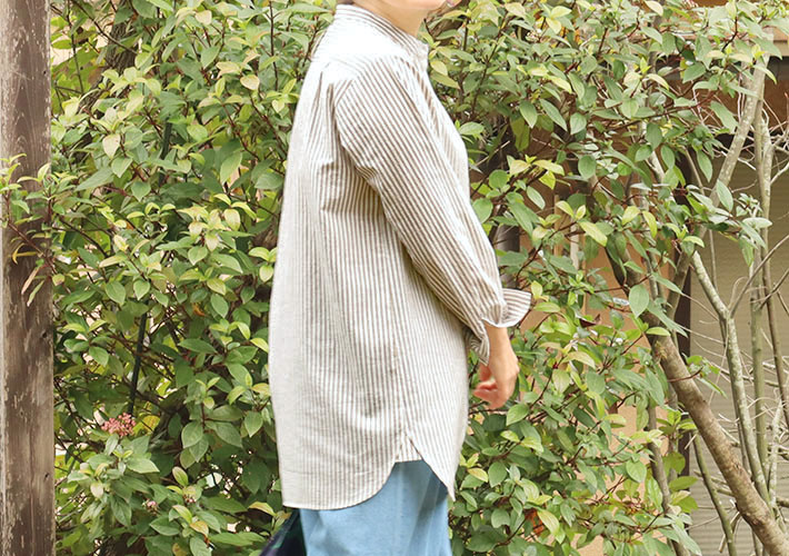 ロルカ　リネン　コットン　ブラウス　ストライプ ベージュ　ブルー　30代40代50代60代70代　森の８カテン　ボーダー