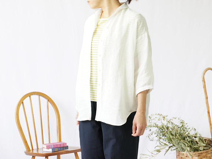 ロルカ　エンブロイダリーレース　綿100％　インド綿　スタンドカラーシャツ　ネイビー　シャツ　ブラウス　定番　30代40代50代60代70代　rolca　森の８カテン