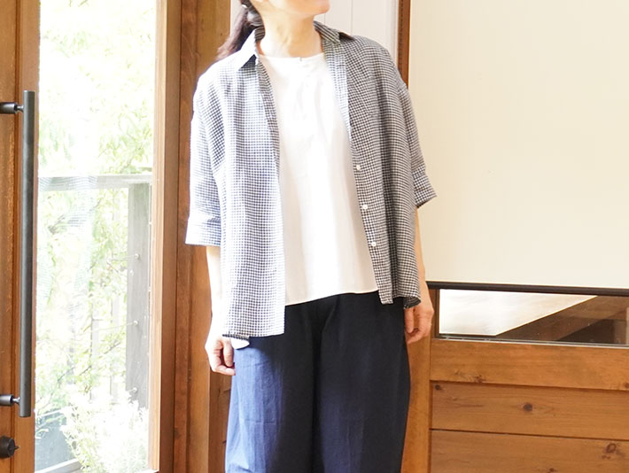 ロルカ　リネン　シャツ　チェック　ストライプ　森の８カテン　ロングシャツ