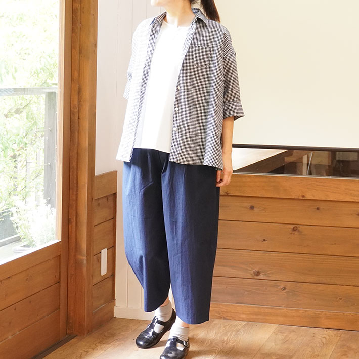 ロルカ　リネン　シャツ　チェック　ストライプ　森の８カテン　ロングシャツ