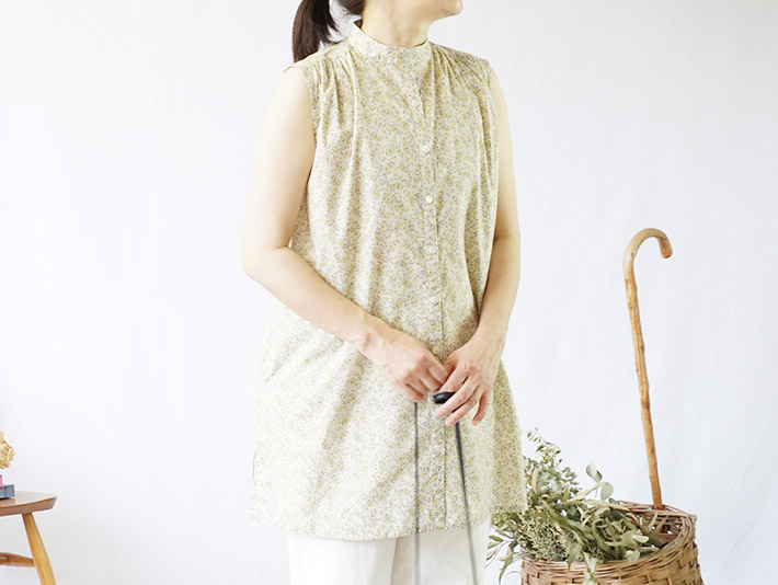 ロルカ　綿100％　ペイズリー　プリント　スタンドカラーシャツ　ロングシャツ　シャツ　上品　ブラウス　30代40代50代60代70代　rolca　森の８カテン
