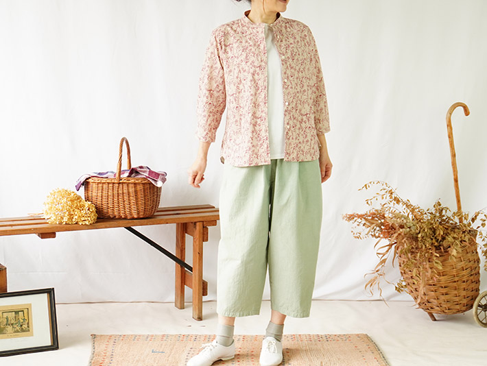 ロルカ　リネン　コットン　ブラウス　ストライプ ベージュ　ブルー　30代40代50代60代70代　森の８カテン　ボーダー