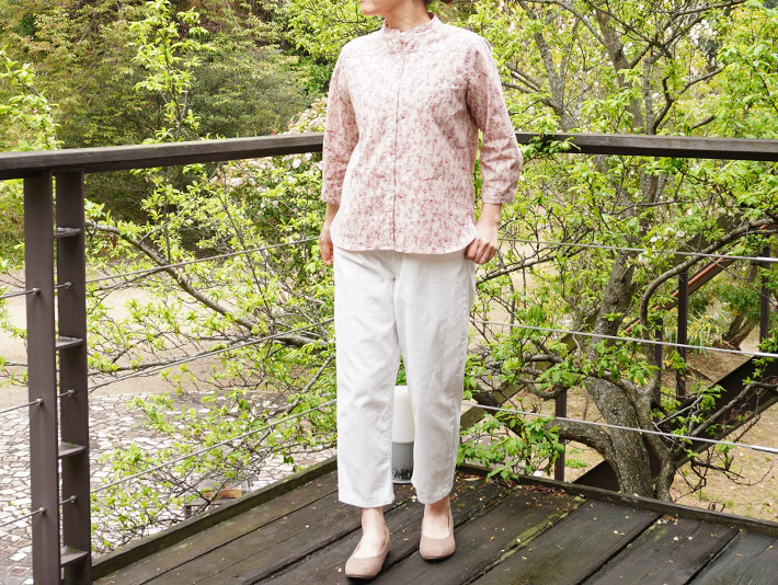 ロルカ　リネン　コットン　ブラウス　ストライプ ベージュ　ブルー　30代40代50代60代70代　森の８カテン　ボーダー