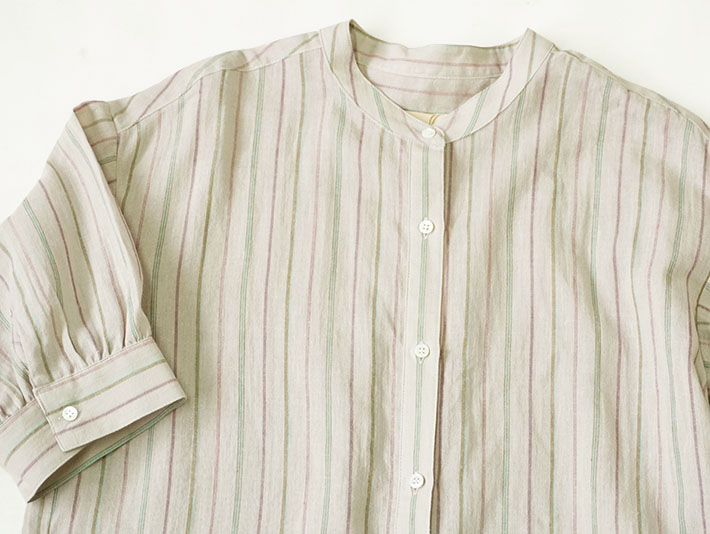 ロルカ　リネン　コットン　ブラウス　ストライプ ベージュ　ブルー　30代40代50代60代70代　森の８カテン　ボーダー