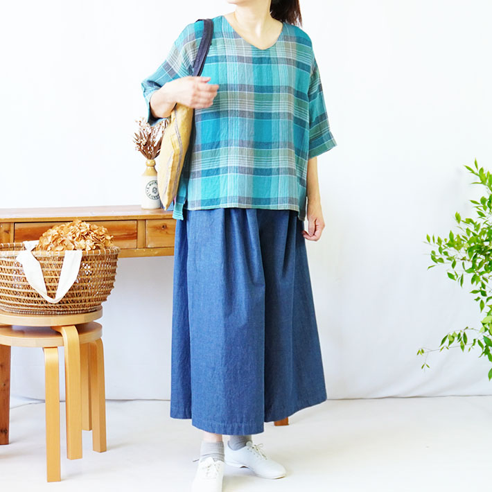 ロルカ　リネン　森の８カテン　プルオーバー　日本製　上品　30代40代50代60代70代80代　rolca　チェック