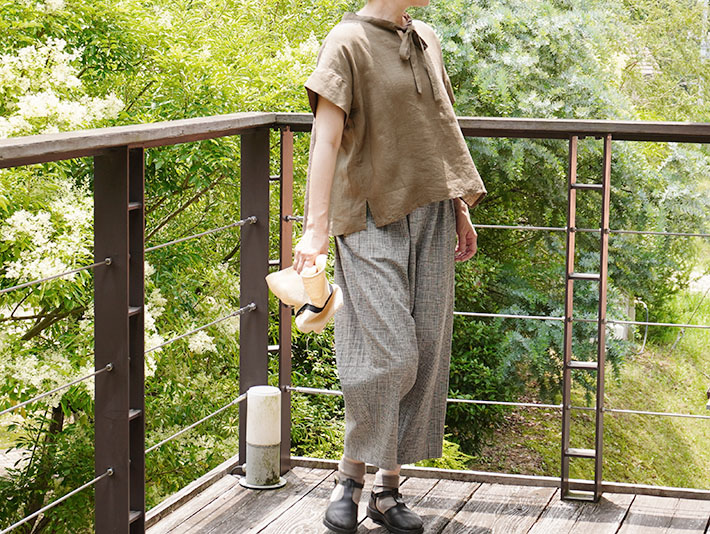 ロルカ　リネン　コットン　綿100％　森の８カテン　プルオーバー　日本製　上品　30代40代50代60代70代80代　rolca　チェック　ネイビー　大人カジュアル　女性　レディース
