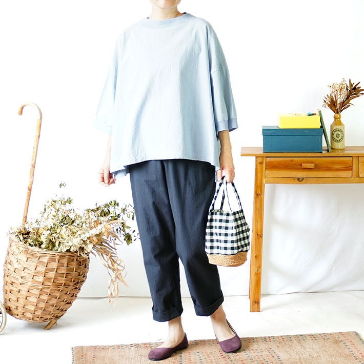 NARU　日本製　ロルカ　森の８カテン　ハンドワッシャー　綿100％　シーチング　グレー　ブルー　コットン　ドルマンスリーブ　30代40代50代60代70代80代　上品