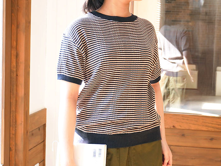 NARU　日本製　ロルカ　森の８カテン　　綿100％　ニット　マルチボーダー　グレー　ブルー　コットン　ボーダー　ビスケット　チャコール　30代40代50代60代70代80代　上品