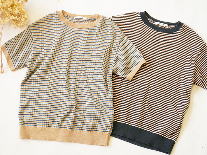 NARU　日本製　ロルカ　森の８カテン　　綿100％　ニット　マルチボーダー　グレー　ブルー　コットン　ボーダー　ビスケット　チャコール　30代40代50代60代70代80代　上品