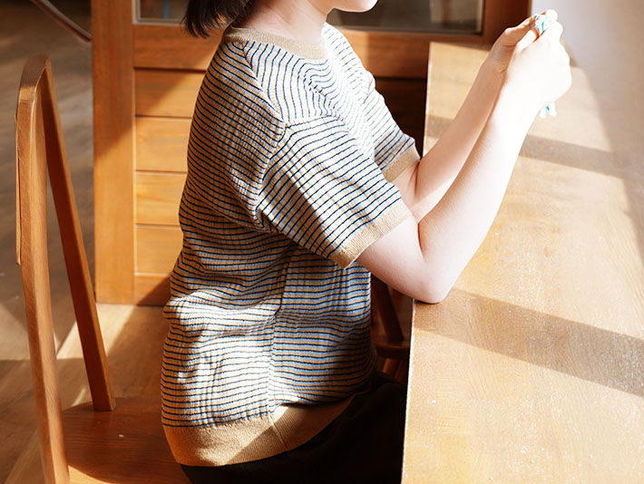 NARU　日本製　ロルカ　森の８カテン　　綿100％　ニット　マルチボーダー　グレー　ブルー　コットン　ボーダー　30代40代50代60代70代80代　上品